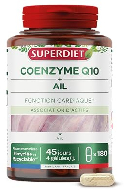 Coenzyme Q10, Ail - Cardiovasculaire - Ubiquinone - Gélules | Cure de 45 jours - 180 gélules - Cardiaque, cœur, circulation sanguine - Fabrication française - Superdiet