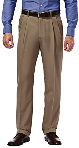 Haggar Mynx Gabardine - Pantalón de Vestir Plisado Frontal con Cintura expandible Oculta para Hombre, Caqui, 44W x 32L