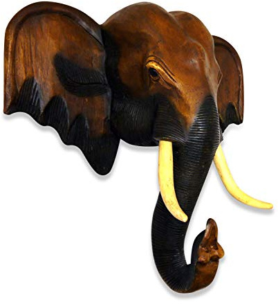 livasia Elefantenkopf aus Holz, Deko Elefant, Handarbeit, Holzelefanten, Glücksbringer (großer Kopf)