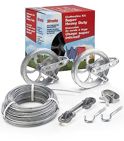 Strata Clothesline Outdoor Super Heavy Duty Kit - 150ft Galvanized Wire Silver PVC Coating, 6.5 Clothes line Pulley 2pcs, Metal Mini Winch Tightener 1pc, Plastic Spreader/Spacer 1pc & 2 Metal Hooks