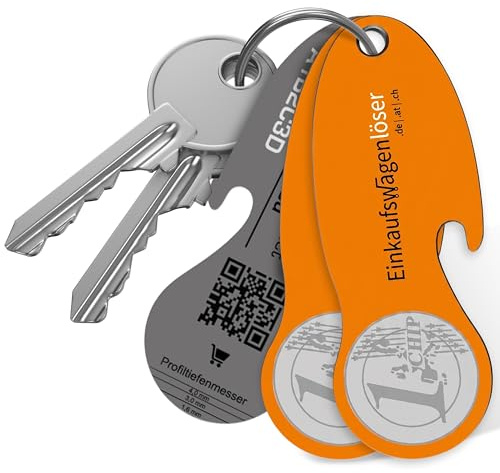 Einkaufswagenlöser Münze Orange (2 Stk.) – funktionaler Schlüsselanhänger mit Einkaufswagenchip, Flaschenöffner & Profiltiefenmesser – hochwertiger Einkaufschip mit Fundservice