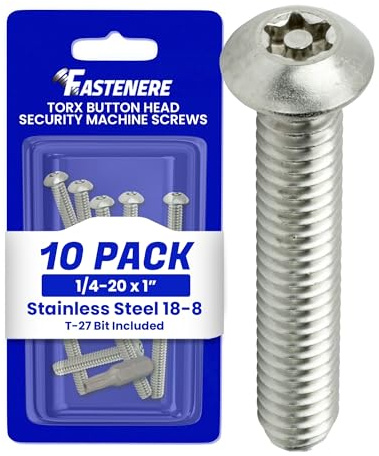 Fastenere Torx Security Machine Screws, 1/4-20 x 1 Stainless Steel, Tamper-Resistant Button Head Electrical Outlet Screws for Wall Plates, Panels, Fixtures, Covers & Metal Enclosures, (10 Pack)