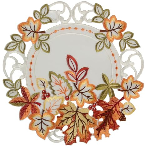 Herbst Tischläufer Tischdecke Weiß gestickt mit bunten Blätter Mitteldecke Deckchen (ca. 30 cm Rund)