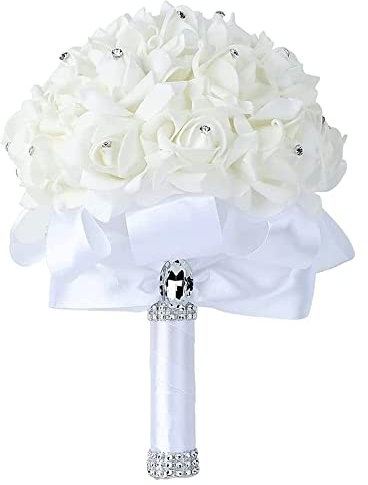 Wedding Bride Bouquet Holding flowers Crystal Diamond Foam Roses Holding flowers with Beautiful Ribbon Bridal Bridesmaid Wedding Bouquet Artificial Silk Flowers Hand Holding (White)