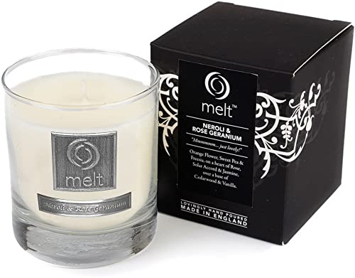 Melt Hand Poured Neroli and Rose Geranium Scented Candle in a Luxury Glass Jar, White