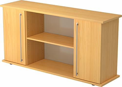 bümö Sideboard Buche mit Flügeltüren & Regal - Büromöbel Sideboard Holz 166cm breit, 45cm schmal, Büro Schrank für Flur oder als Wohnzimmer-Kommode mit Relinggriffen