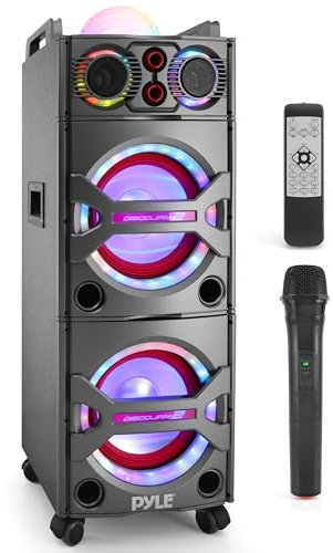 PYLE Altavoz Bluetooth, PA, 2000W, Portatil, Recargable, Exteriores, Subwoofer de 10”, Tweeter de 1”, función de grabación, micrófono, Luces de Fiesta, Radio USB/SD