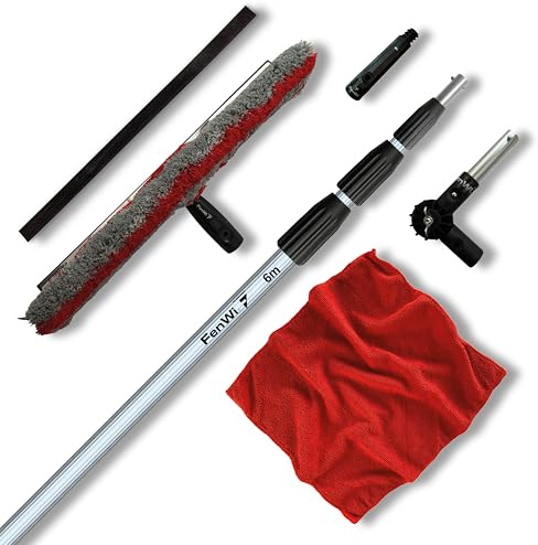 FenWi 6m Teleskop Fensterputzer Profi Set mit Abzieher und Wischer 45/50cm | 45cm Gummilippe, Kombi Fensterwischer, Gelenk Alu Teleskopstange 600 cm, für Wintergarten, breite Fenster und Solar Reinigung