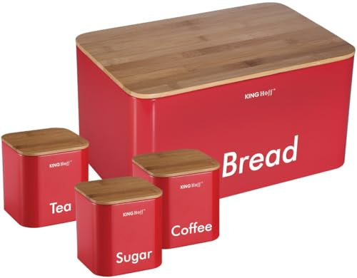 Kinghoff 4-teiliges Aufbewahrungsdosen-Set für die Küche, inklusive Brotkasten, Tee, Kaffee, Zucker, Dosen, Behälter, Vorratsgläser, Töpfe, Rot