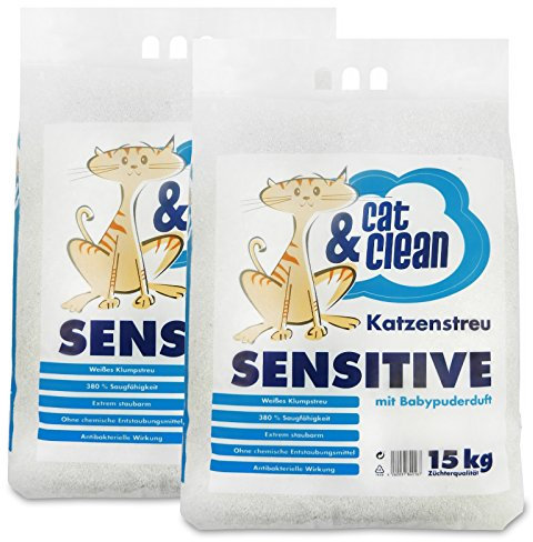 Cat & Clean Katzenstreu Der Extraklasse Klumpendes Einstreu Extrem Saugfähig Naturprodukt Aus Bentonit (Sensitive Babypuder, 30)