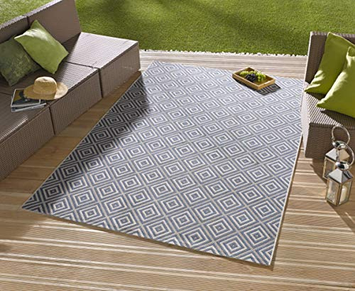 NORTHRUGS Tappeto per interni ed esterni, 80 x 150 cm, resistente alle intemperie, moderno motivo geometrico a quadretti, per balcone, terrazza, giardino, veranda, soggiorno, impermeabile, blu