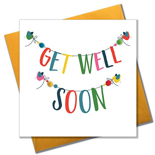 Claire Giles Greeting Cards, Genesungskarte, Banner Design Gute Besserung, verziert mit bunten Pompons