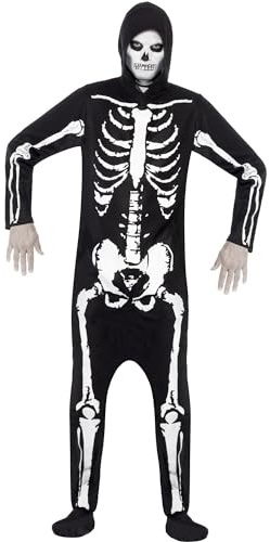 Kostüm Skelett Schwarz mit Kapuzenoverall, Large