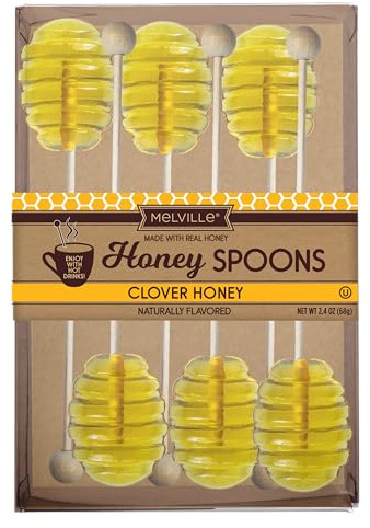 Melville Candy Honey Spoon Gift Set – Spoons & Lollipops on Wooden Ball Sticks – Gluten-Free, Made in USA Stirrers for Tea, Coffee, & Hot Beverages - Individually Wrapped (6-count, Honey Dipper)
