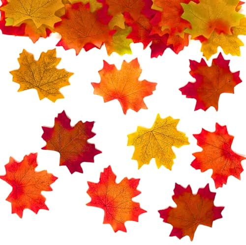 Autumn Leaves Decorations – 100 Fake Maple Leaf Fabric Pieces for Crafts & Home Decor | Artificial Faux Foliage for Kids Seasonal Table Display, Harvest Festival, 8x7cm