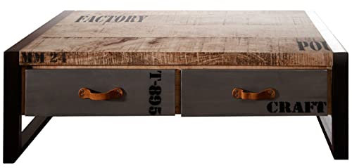 MASSIVMOEBEL24.DE | Factory - Couchtisch aus Massivholz - Natur, Bedruckt | Mango | 115x60x40 | 2 Schubladen | Eisen | Kaffeetisch Beistelltisch Sofatisch