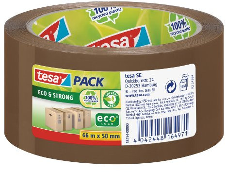 tesapack Eco & Strong - Umweltschonendes Paketband aus 100% recyceltem Kunststoff, UV- und alterungsbeständig - Braun - 66 m x 50 mm