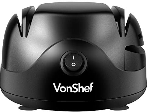 VonShef Electric Knife Sharpener – Scissor Sharpener with Screwdriver Groove, 60W, 2 Grinding Wheels, Auto-Retractable Cord & Non-Slip Feet – Black