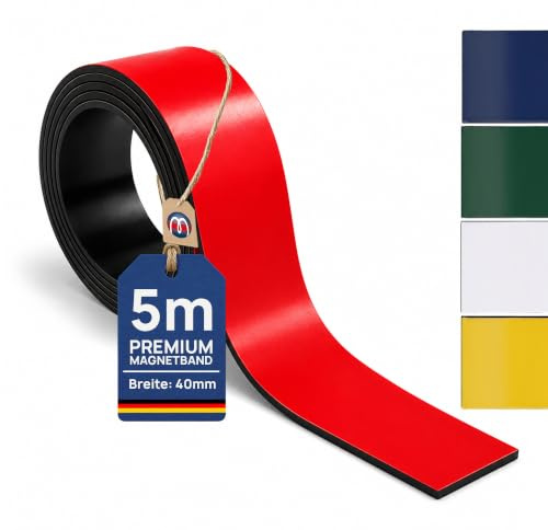 Magnosphere Magnetband Kennzeichnungsband farbig, Breite 40mm - 5m Rolle - Magnetstreifen - Zum Beschriften und Markieren, von Lager, Werkstatt, für Whiteboards, Flipcharts, Präsentationen, Farbe:rot