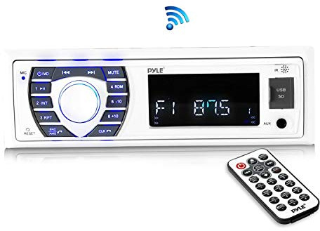 Pyle Bluetooth Marine Receiver Stereo - 12v Single DIN Style Boat In dash Radio Receiver System with Digital LCD, RCA, MP3, USB, SD, AM FM Radio - Remote Control, Wiring Harness - PLRMR23BTW (White)