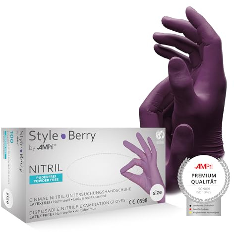 AMPRI Nitrilhandschuhe, lila, 100 Stück/Box, Größe M, puderfrei, Style Berry by Med-Comfort: Nitril Einmalhandschuhe, Einweghandschuhe in den Größen XS, S, M, L, XL