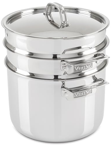 Viking 3-Ply Stainless Steel Pasta Pot with Lid, 8 Quart, 4 Piece Multipot Kitchen Cookware, Includes Pasta Insert and Steamer Basket, Dishwasher and Oven Safe, Induction Ready, Silver