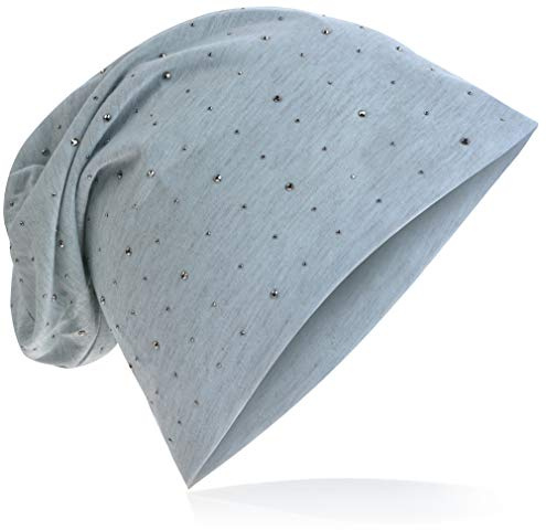 Miobo slokande beanie/lång mössa av jerseytyg med eleganta strassstjärnor/nitapplikationer, unisex, enfärgad trendig mössa för män och kvinnor, LJUSGRÅ, En Storlek