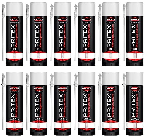 PRITEX – 2K Montageschaum 12 x 400 ml inkl. Aussprührohr – Bauschaum zum Verfüllen, Dämmen & Abdichten – Zargenschaum zur Montage von Türzargen, Fensterrahmen & Holztürfuttern