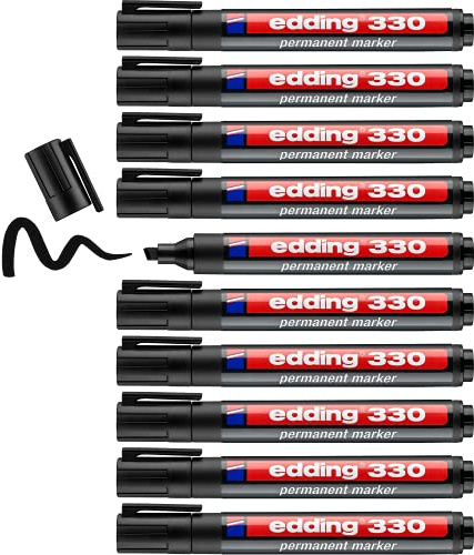 edding 330 Permanentmarker - schwarz - 10 Stifte - Keil-Spitze 1-5 mm - wasserfest, schnell-trocknend - wischfest - für Karton, Kunststoff, Glas, Holz, Metall, Glas