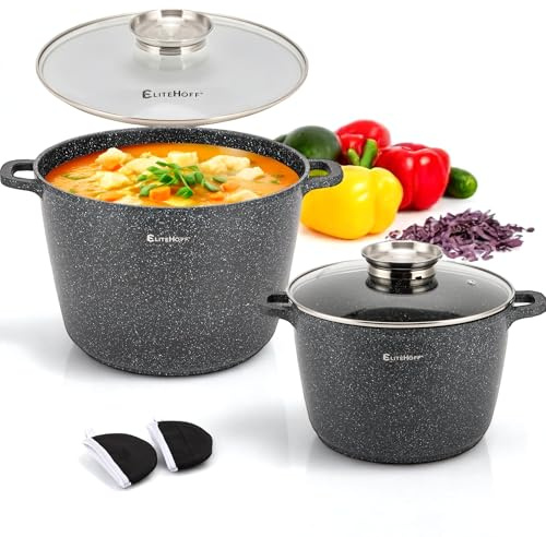 EliteHoff Kochtopf, 2er-Set Suppentopf aus Aluminiumguss mit Antihaftbeschichtung 24/28 cm (6,5L und 10,2L), Induktionstopf mit Glasdeckel, Für alle Herdarten inkl. Induktion, Gas, Elektro (Schwarz)
