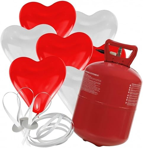 30 Herz Luftballons freie Farbwahl mit Helium Ballon Gas Hochzeit Valentinstag Komplettset (Rot/Weiß)