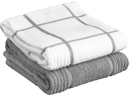 T-fal Solid & Checked Parquet Kitchen Towels: Highly Absorbent, Super Soft Long Lasting - 100% Cotton, 16x26 Dish Towels for Cleaning & Drying Dishes, Pans, Glassware, or Countertops, (2-Pack), Gray