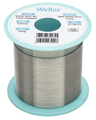 Weller WSW SAC M1 (T0051388599) Filo Saldante, Ø 0.8mm, 250g, Lega Sn96.5Ag3.0Cu0.5, Contenuto di Fondente 3,5%