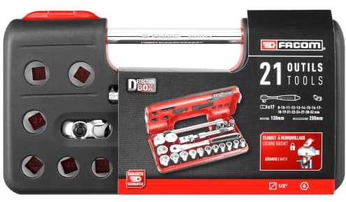 FACOM Coffret Detection Box - Cliquet Manche Rotatif Haute Performance et Douilles 1/2  6 Pans Métriques Plus Accessoires - SL.DBOX500PB