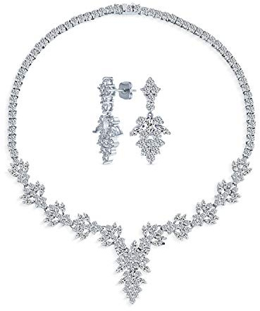 Bling Jewelry Set di gioielli da sposa stile Art Deco stile vintage marquise foglia stella cubica zirconi AAA CZ collana girocollo a V e orecchini pendenti a lampadario per donne matrimonio concorso