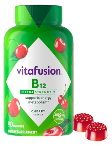 vitafusion Extra Strength Vitamin B12 Gummies, Supports Energy Metabolism and Nervous System Health Support, Gummy Vitamin Supplement for Women and Men, Cherry Flavor, 45 Day Supply, 90 Count