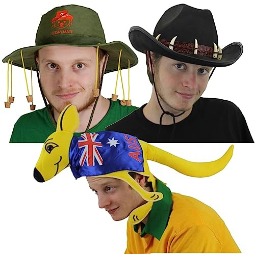 Australian Hats Outback Cork Hat Kangaroo - Australia Day Parties + Around the World Fancy Dress - Cork Hat + Kangaroo Hat + Shark Tooth Hat
