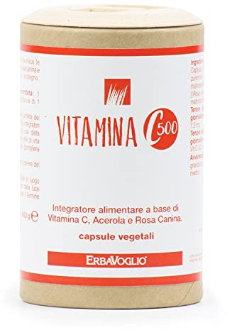 Erbavoglio Capsule di Vitamina C500-100 capsule - Integratore alimentare - Utile come antiossidante e per le naturali difese dell'organismo- a base di Vitamina C, Rosa Canina e Acerola