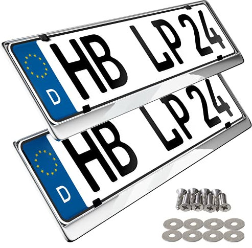 L & P Car Design 2 x Kennzeichenhalter in Edelstahl poliert - 100% Edelstahl -auch passend für gebogenen Stosstangen- INOX C.4580 (Chrom)