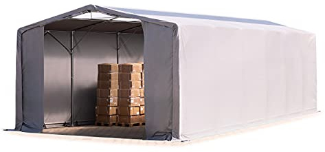 Tente de Stockage 8x12m Hangar avec fenêtres dans Le Toit, bâche PVC PRIMEtex 2300 N imperméable Gris - Hauteur de côté 4m
