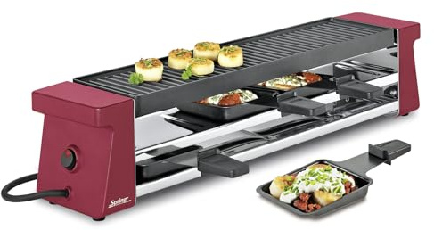 Spring raclette för 4 personer COMPACT, röd, elektrisk bordsgrill, non-stick-belagd aluminiumgrillplatta, 4 raclettepannor och spatel, förvaringsnivå, 54,0 × 10,5 × 11,5 cm, 650 W, raclettegrill