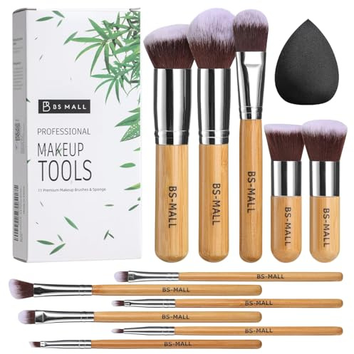 BS-MALL Makeup Brush Set 11Pcs Bamboo Synthetic Kabuki Brush Set Foundation Powder Blending Concealer Eye shadows Blush Cosmetics Brushes with Travel Organizer Bag & Makeup Sponge (Bamboo 11)