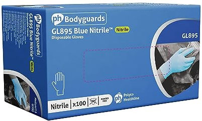 Bodyguard GL8952 Powder Free Nitrile Disposable Glove, Blue, Medium, Pack of 100