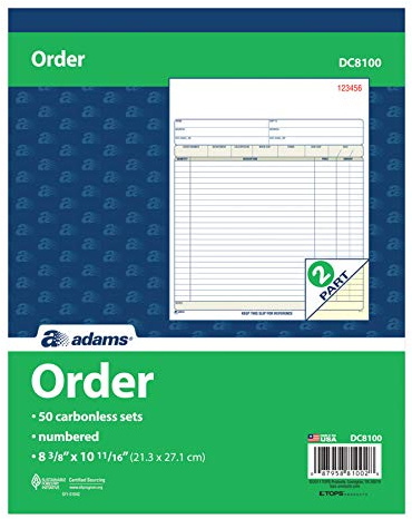 Adams orderbok, 2-delar, självsäker, vit/kanariefågel, 8-3/8 x 10-11/16 tum, 50 set per bok (DC8100)