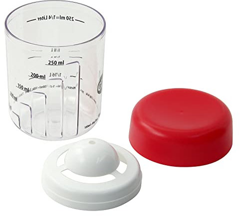 Dr. Oetker Mix- und Messbecher mit Eitrenner Ø 8 cm, 3-tlg. Becher zum Messen und Mixen von Zutaten, Funktionsteil zum Trennen von Eigelb und -weiß, (Farbe: transparent/rot), Menge: 1 Stück