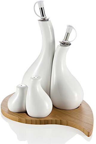 Brandani 55452 Menage goccia, olio aceto sale e pepe, in porcellana bianca con supporto bamboo