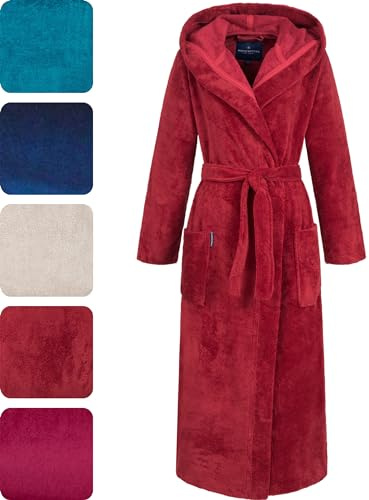 Morgenstern Damen Bademantel lang mit Kapuze rot lang Größe XL langarm Frauen Morgenmantel Damenbademantel Saunamantel Baumwolle Microfaser