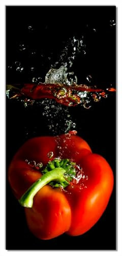 Wallario Selbstklebende Türtapete Bunte Küche Paprika in rot gelb orange und grün im Wasser - Türposter 93 x 205 cm Abwischbar, rückstandsfrei zu entfernen