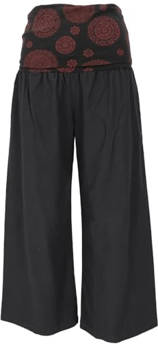 GURU SHOP breda Marlenebyxor, Buddha wellnessbyxor, yogabyxor, bohobyxor med bred linning, damer, bomull, svart, 42