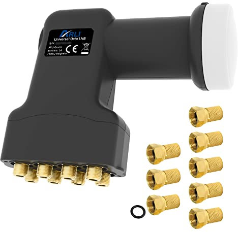 ARLI Universal Octo LNB 0.1 dB - 8 participants avec protection contre les intempéries + 8 fiches F plaquées or 40 mm Feed HDTV 4K 8K DVB-S2